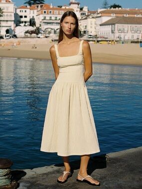 ZARA Butter Yellow Textured Fit & Flare Midi Dress. S NWT
